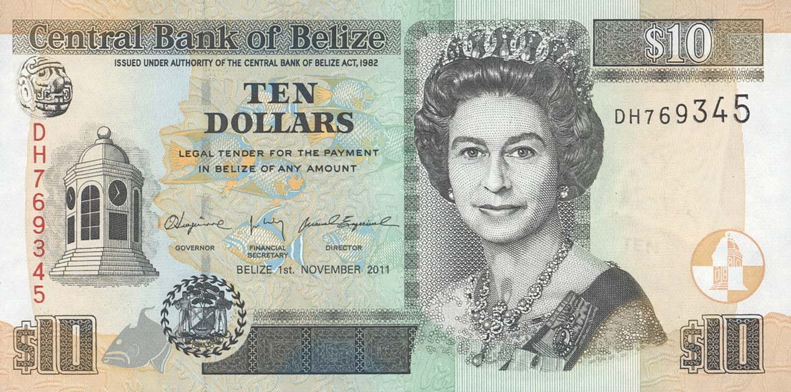 Front of Belize p68d: 10 Dollars from 2011