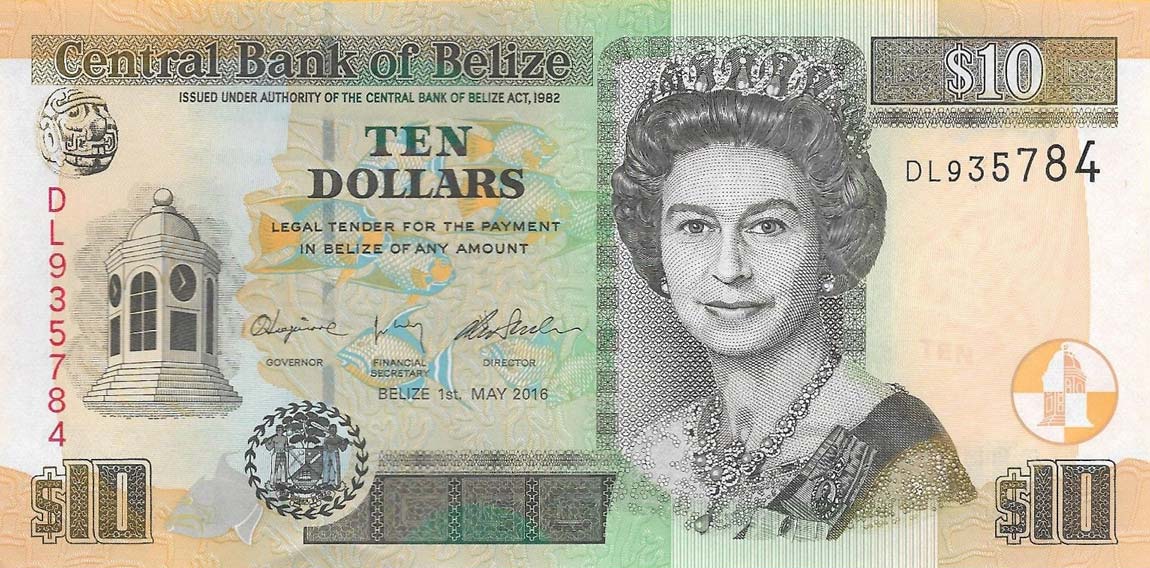 Front of Belize p68e: 10 Dollars from 2016