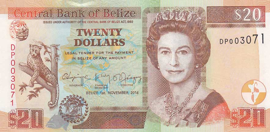 Front of Belize p69e: 20 Dollars from 2014