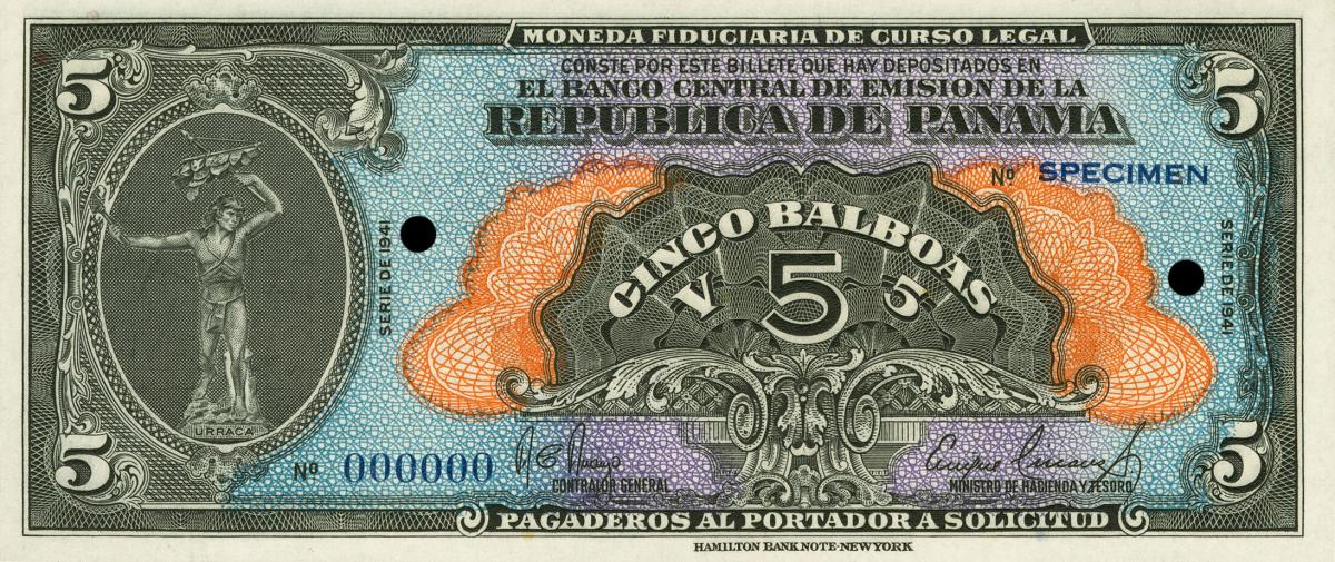 Front of Panama p23s: 5 Balboas from 1941
