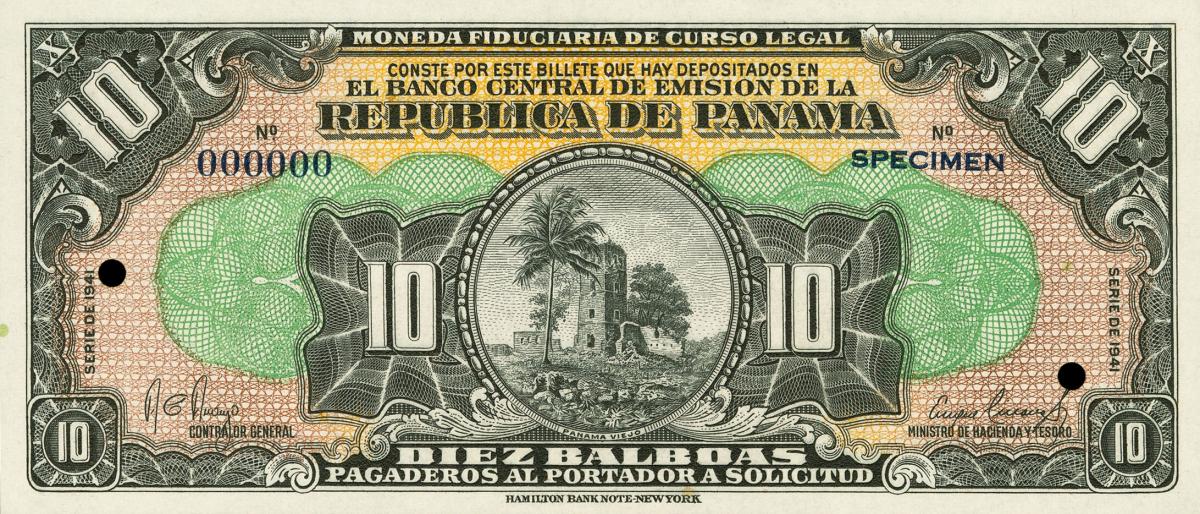 Front of Panama p24s: 10 Balboas from 1941