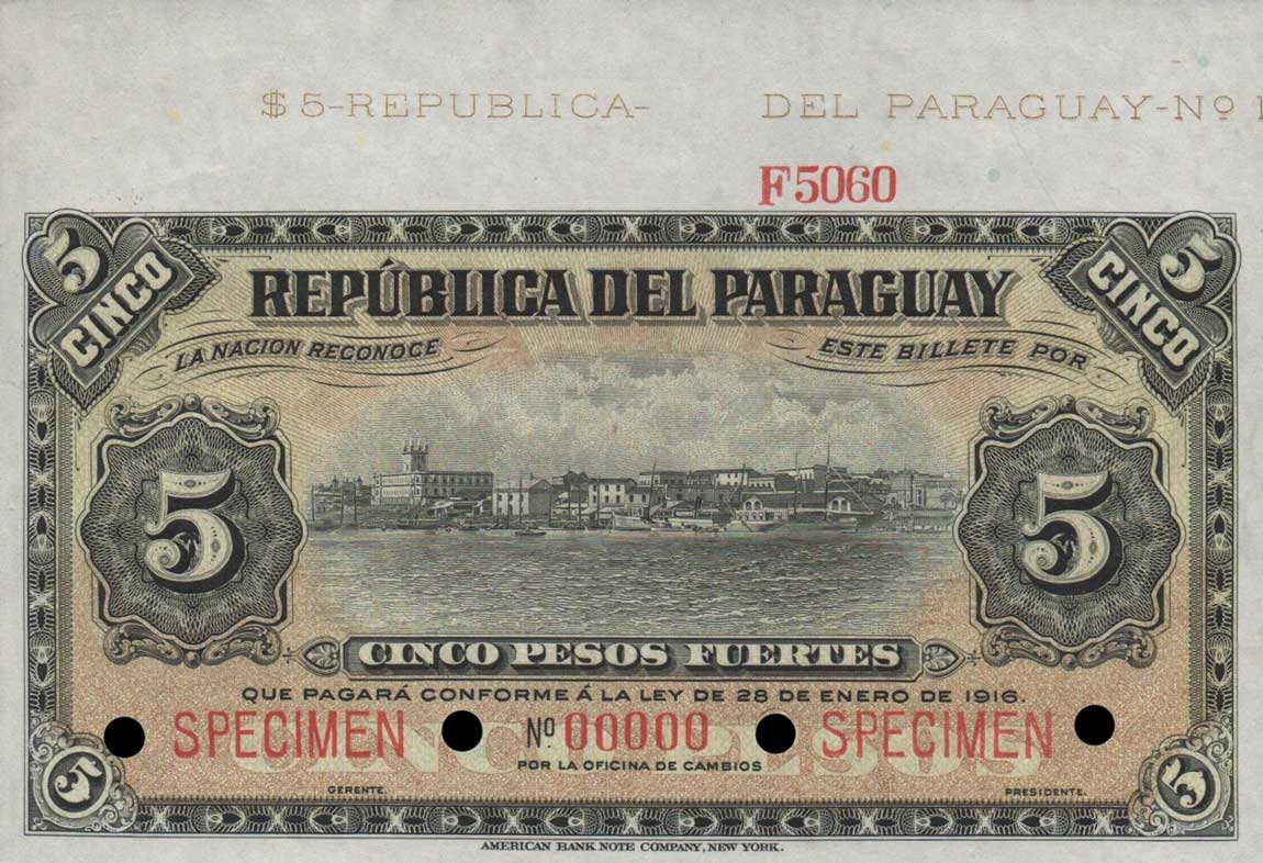 Front of Paraguay p140s: 5 Pesos from 1916