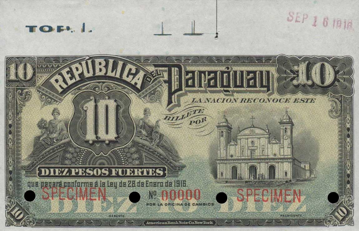 Front of Paraguay p141s: 10 Pesos from 1916