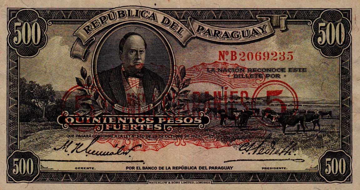 Front of Paraguay p174: 5 Guaranies from 1943