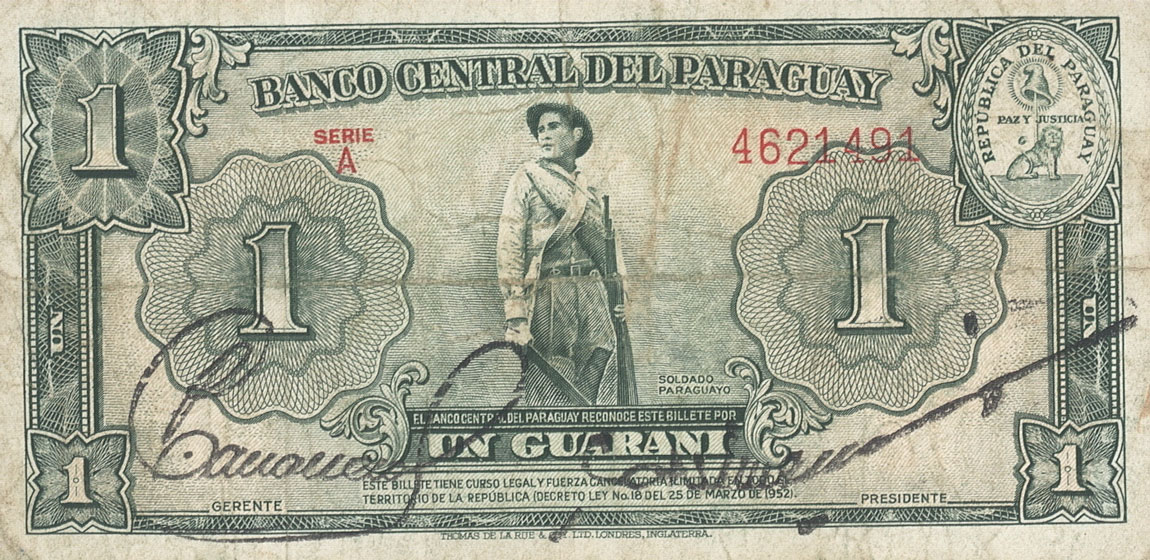 Front of Paraguay p185a: 1 Guarani from 1952