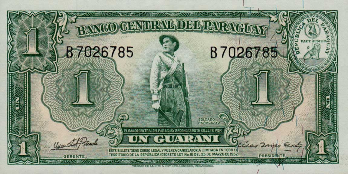 Front of Paraguay p185c: 1 Guarani from 1952