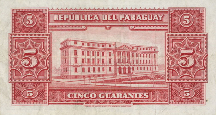 Back of Paraguay p186c: 5 Guaranies from 1952