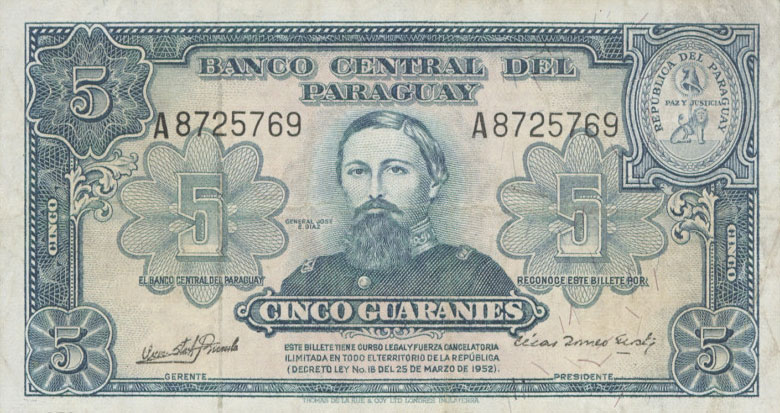 Front of Paraguay p186c: 5 Guaranies from 1952