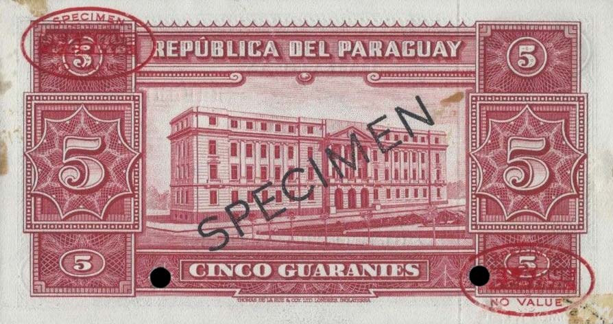 Back of Paraguay p186s: 5 Guaranies from 1952