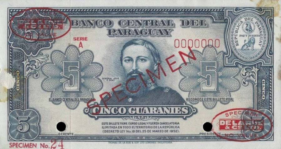 Front of Paraguay p186s: 5 Guaranies from 1952