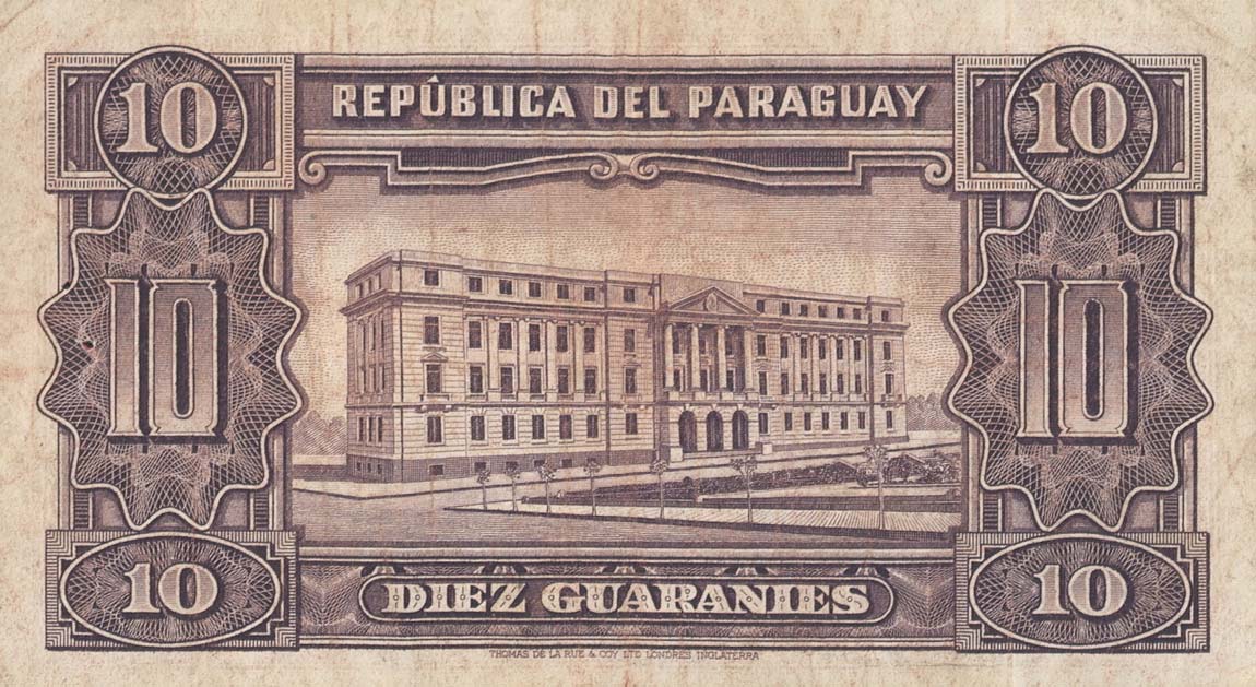 Back of Paraguay p187a: 10 Guaranies from 1952