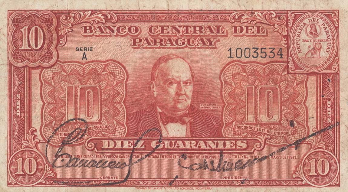 Front of Paraguay p187a: 10 Guaranies from 1952
