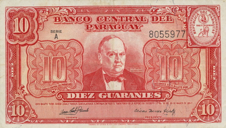 Front of Paraguay p187b: 10 Guaranies from 1952