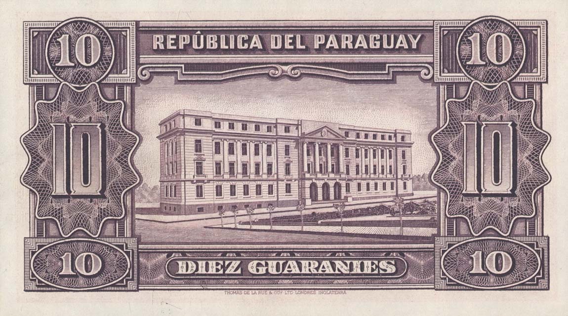 Back of Paraguay p187c: 10 Guaranies from 1952