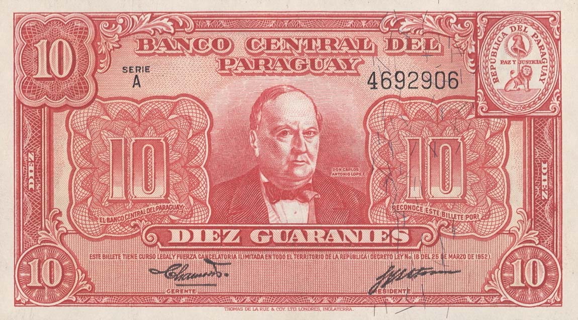 Front of Paraguay p187c: 10 Guaranies from 1952