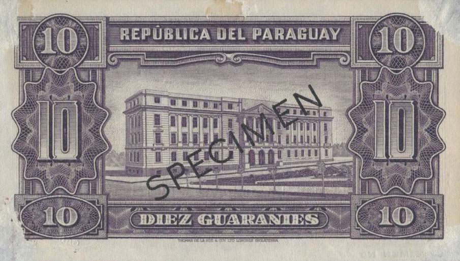 Back of Paraguay p187s: 10 Guaranies from 1952