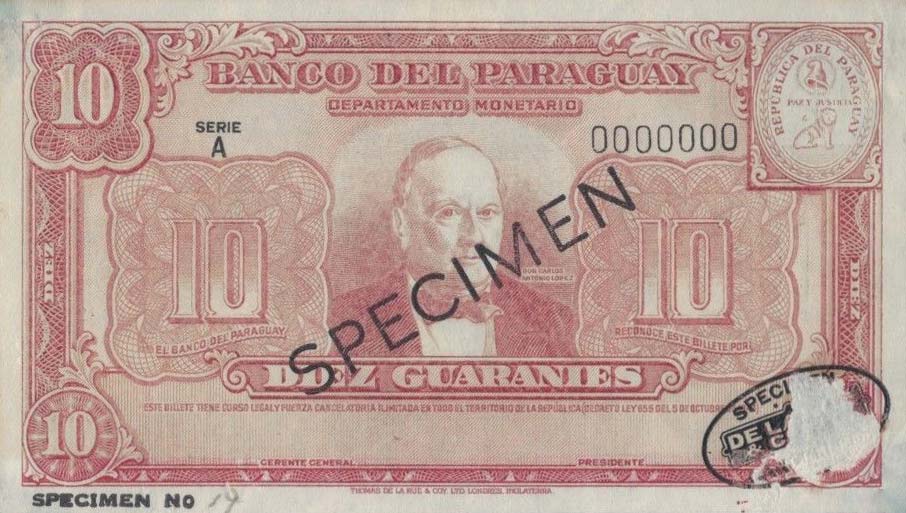 Front of Paraguay p187s: 10 Guaranies from 1952