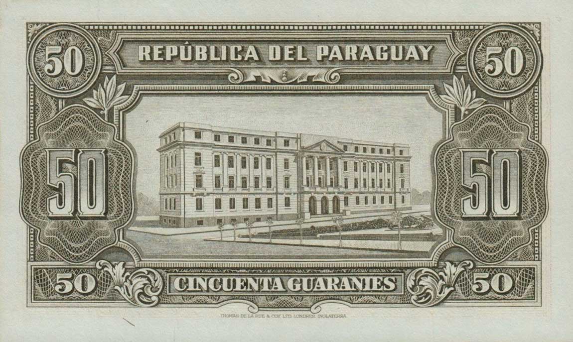 Back of Paraguay p188b: 50 Guaranies from 1952