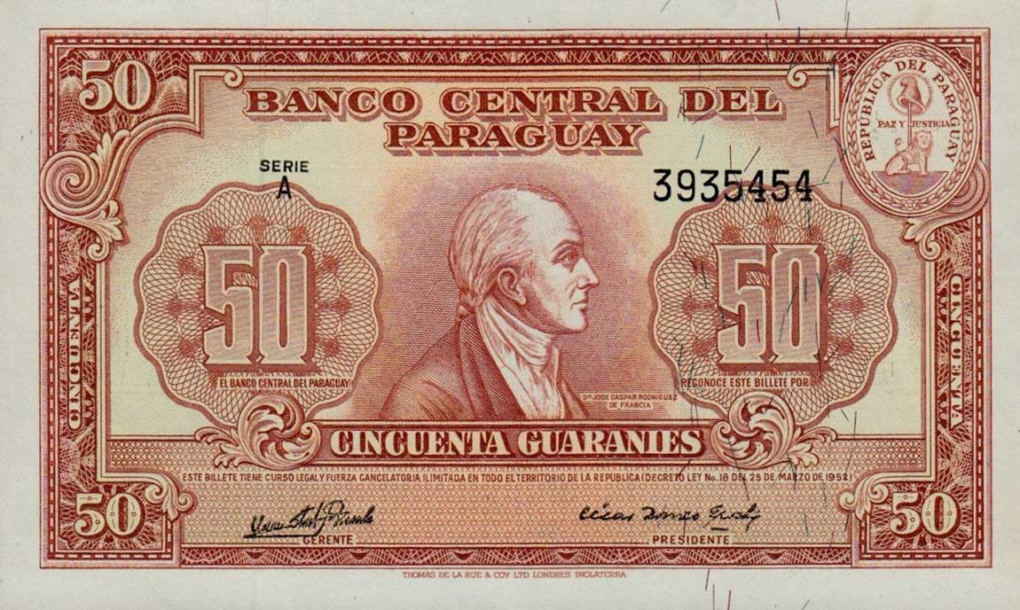 Front of Paraguay p188b: 50 Guaranies from 1952
