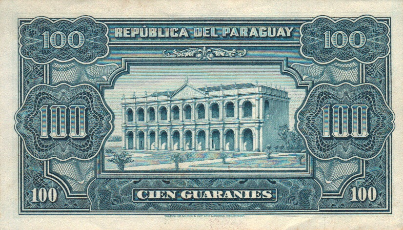 Back of Paraguay p189a: 100 Guaranies from 1952