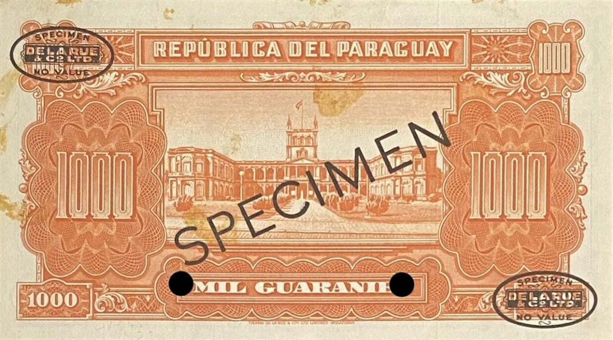 Back of Paraguay p191s: 1000 Guarani from 1952