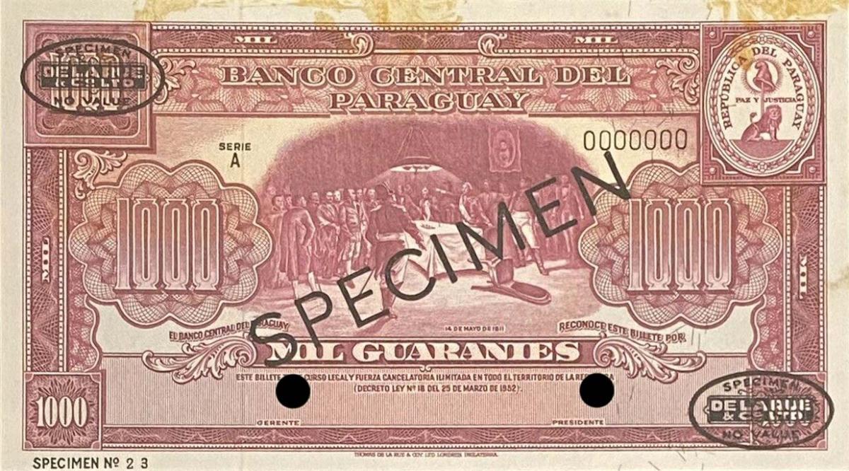 Front of Paraguay p191s: 1000 Guarani from 1952
