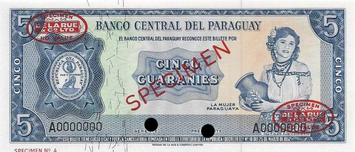 Front of Paraguay p194s: 5 Guarani from 1952