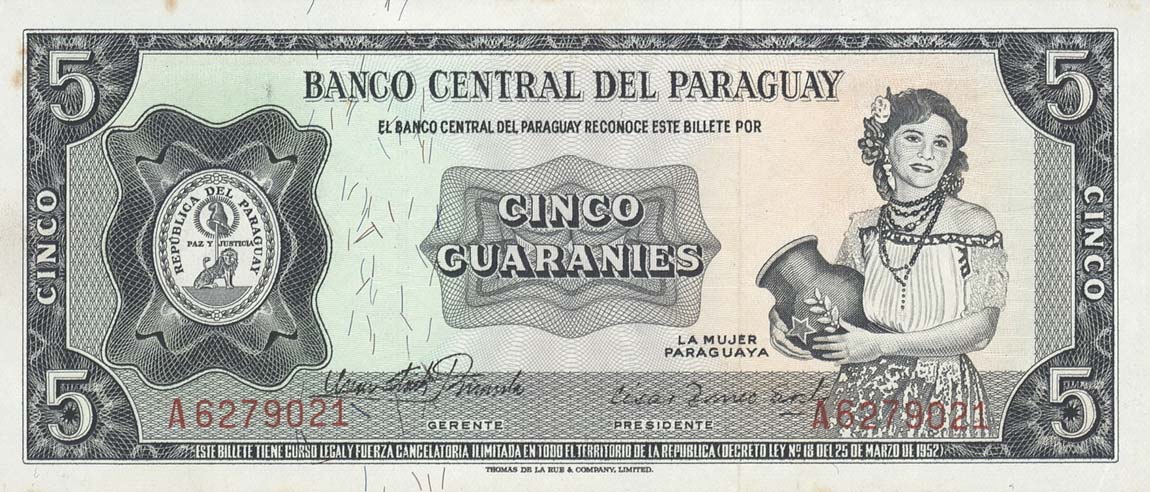 Front of Paraguay p195a: 5 Guarani from 1952