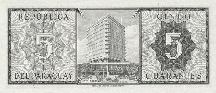 Back of Paraguay p195b: 5 Guarani from 1952