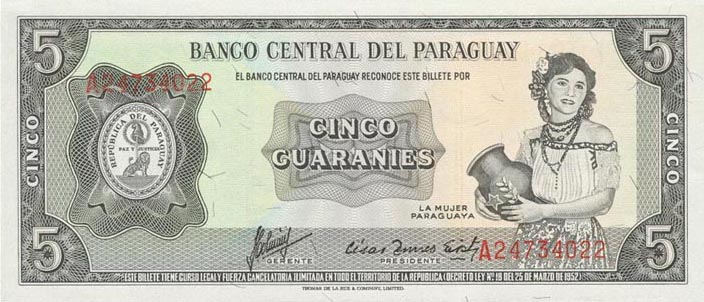 Front of Paraguay p195b: 5 Guarani from 1952