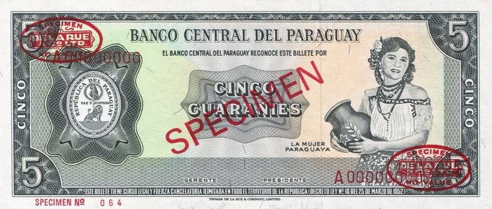 Front of Paraguay p195s: 5 Guarani from 1952