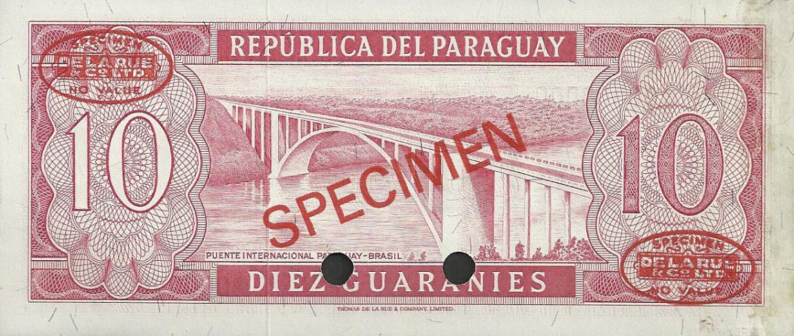 Back of Paraguay p196s: 10 Guarani from 1952