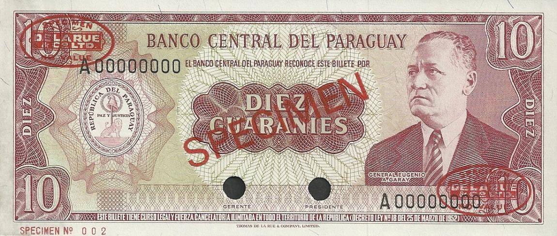 Front of Paraguay p196s: 10 Guarani from 1952