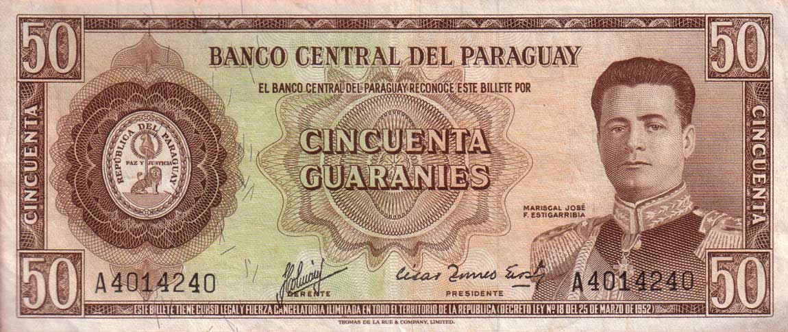 Front of Paraguay p197a: 50 Guarani from 1952