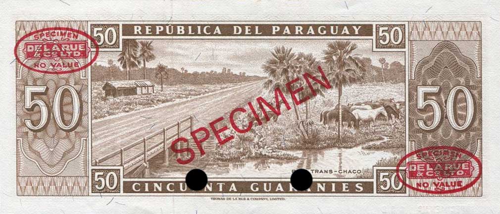 Back of Paraguay p197s: 50 Guarani from 1952