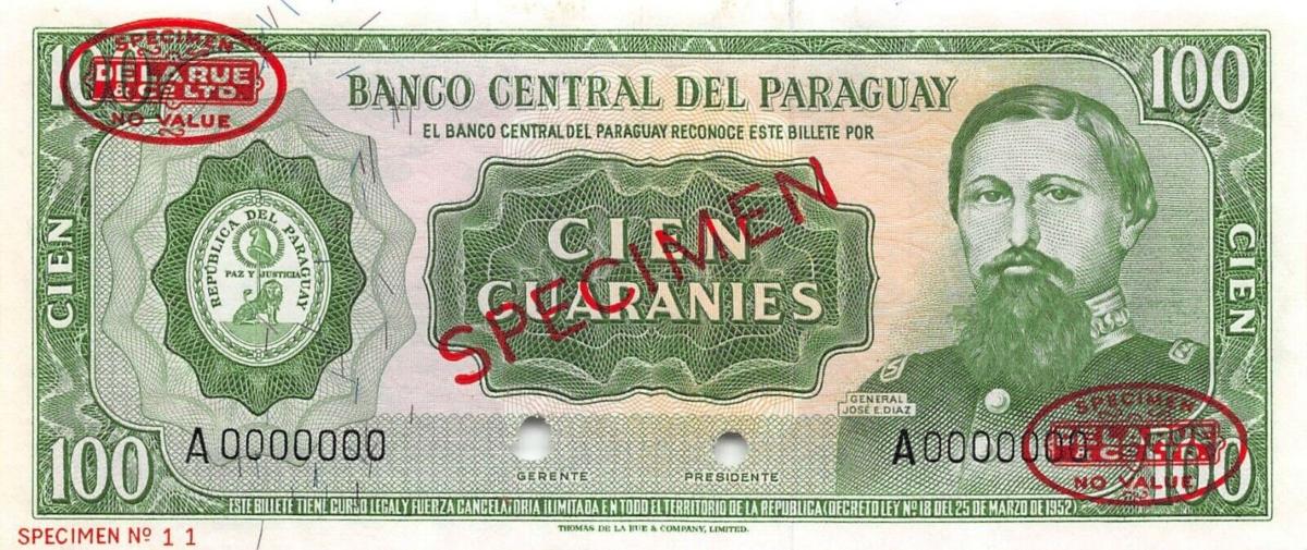 Front of Paraguay p198s: 100 Guarani from 1952