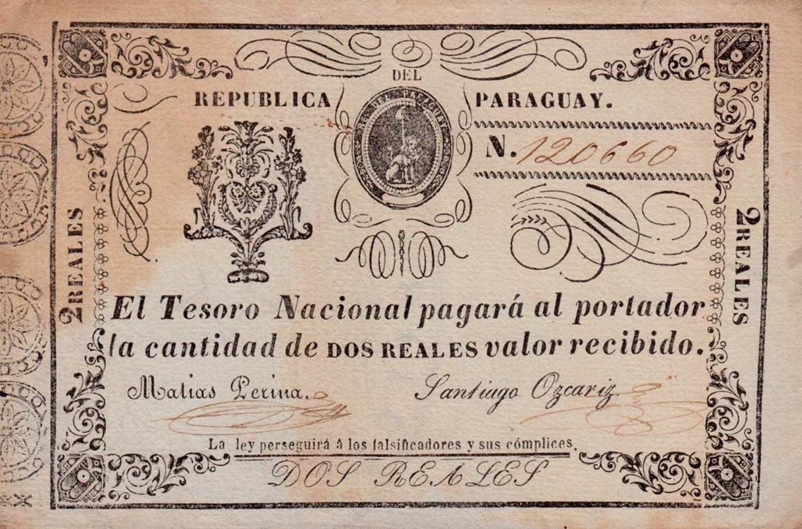Front of Paraguay p19: 2 Reais from 1865