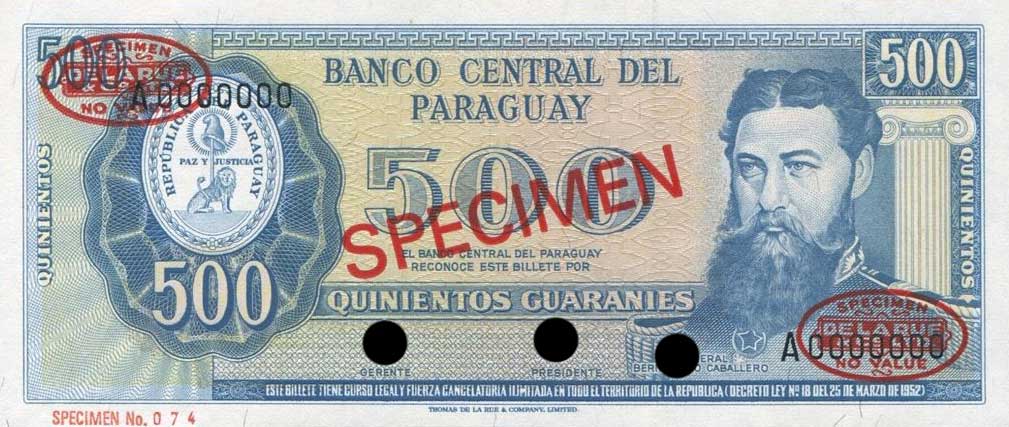 Front of Paraguay p200s: 500 Guarani from 1952
