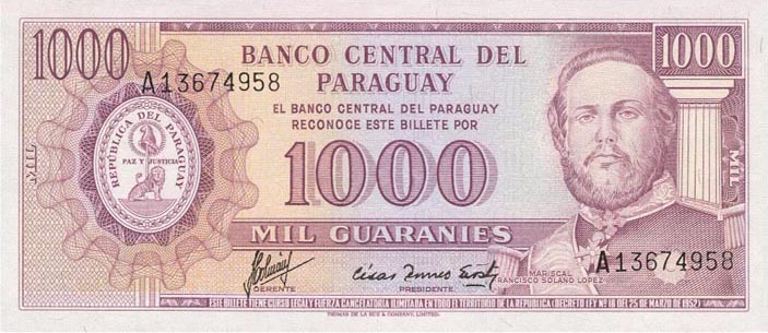 Front of Paraguay p201b: 1000 Guarani from 1952