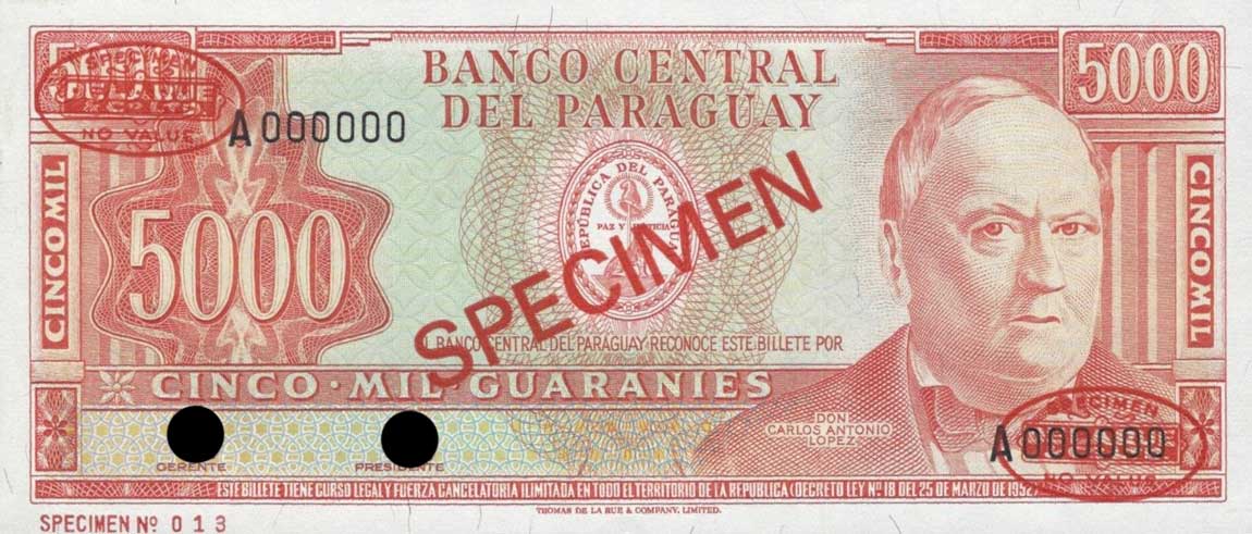 Front of Paraguay p202s2: 5000 Guarani from 1952