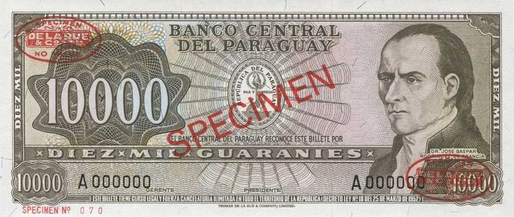 Front of Paraguay p204s: 10000 Guarani from 1952