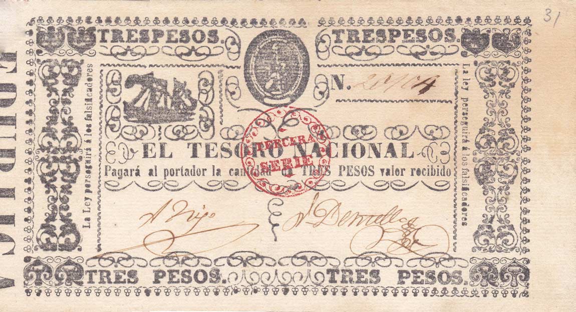 Front of Paraguay p31: 3 Pesos from 1868