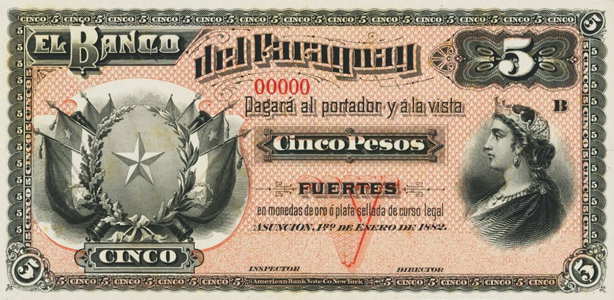 Front of Paraguay pS127p: 5 Pesos from 1882