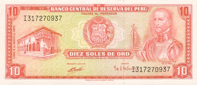 Front of Peru p100c: 10 Soles de Oro from 1972
