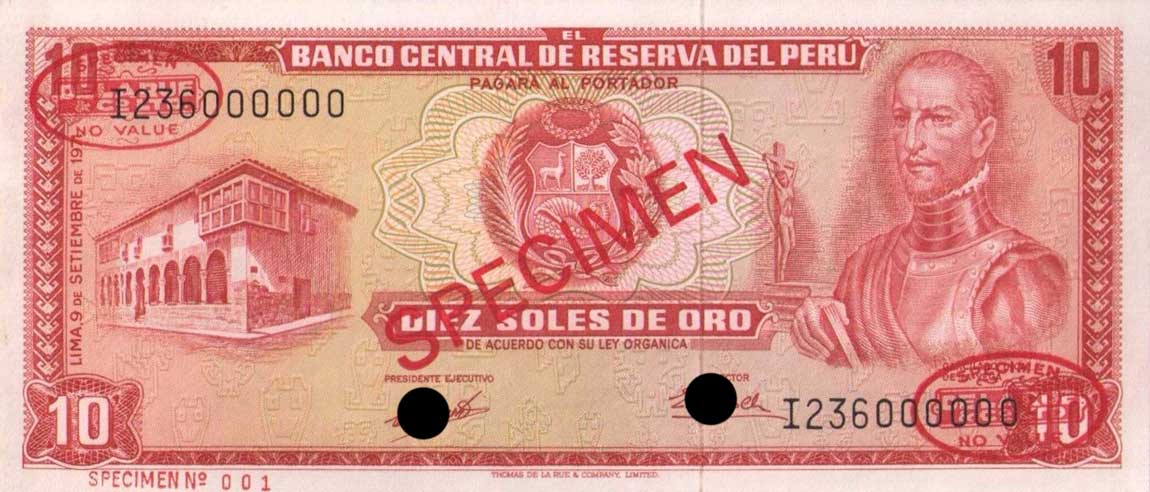 Front of Peru p100s: 10 Soles de Oro from 1969