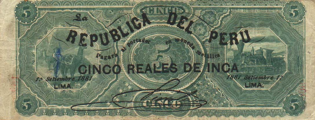 Back of Peru p12: 5 Reais from 1881