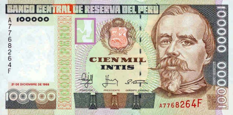 Front of Peru p144A: 100000 Intis from 1988