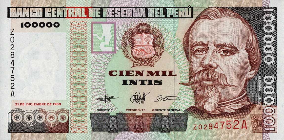 Front of Peru p145r: 100000 Intis from 1989