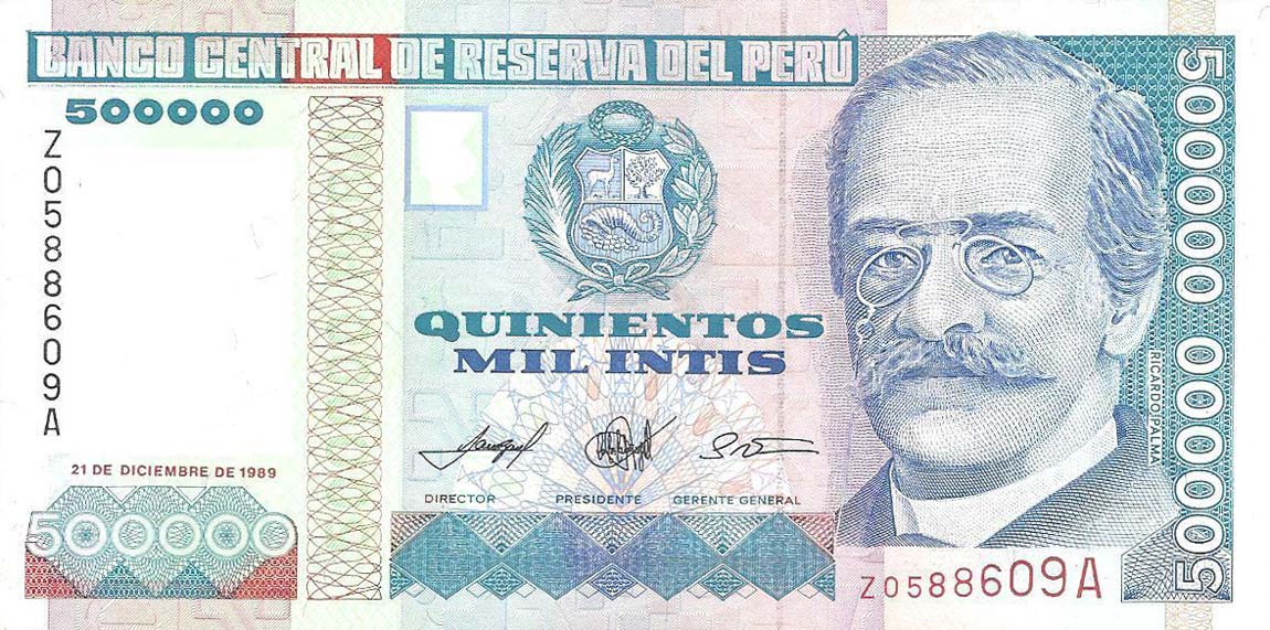 Front of Peru p147: 500000 Intis from 1989