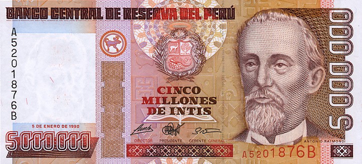 Front of Peru p149: 5000000 Intis from 1990